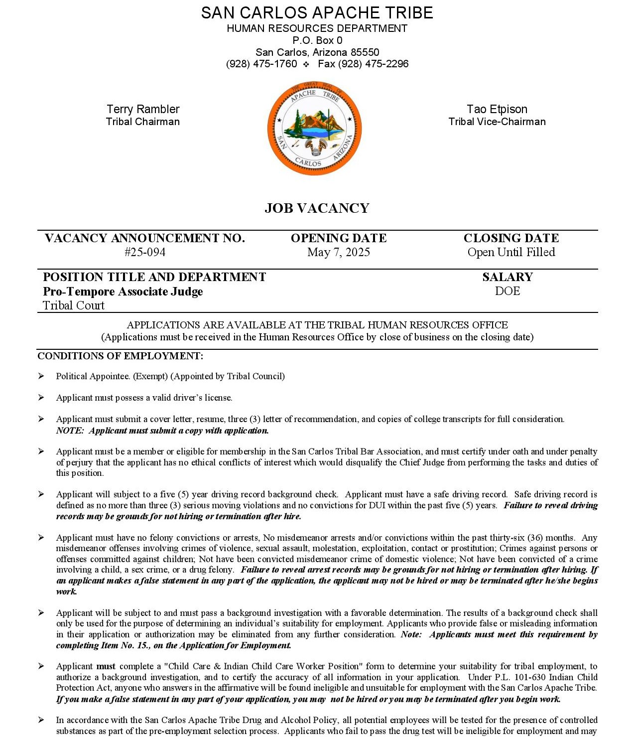 Pro-Tempore Associate Judge -Tribal Court | SAN CARLOS APACHE TRIBE ...